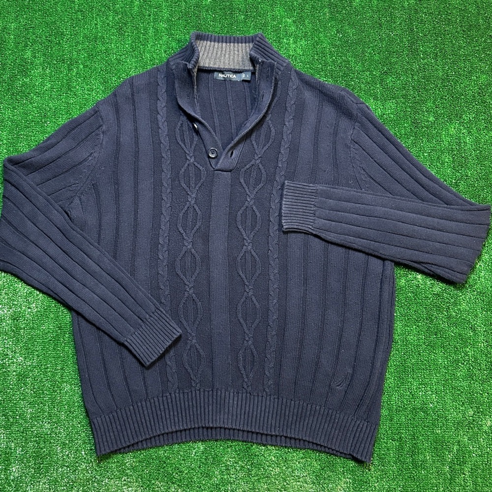 Nautica Men's L Navy Blue Cable-Knit Pullover 100% Cotton